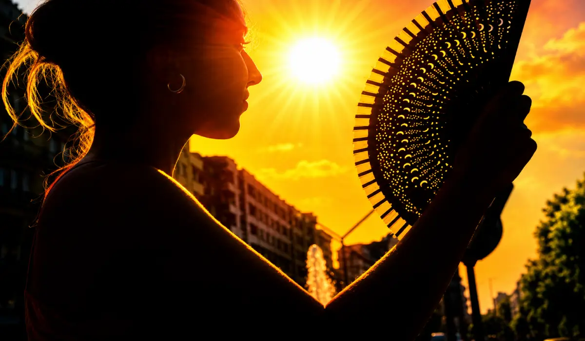 Silueta de una mujer abanicándose durante la ola de calor en Extremadura