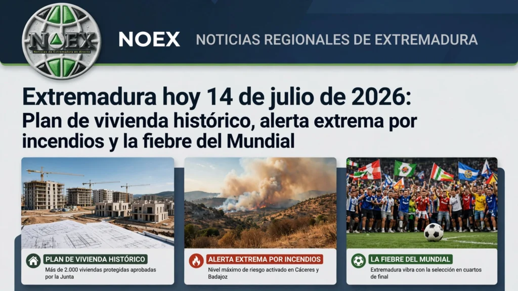 Extremadura hoy 14 de julio de 2026: Plan de vivienda histórico, alerta extrema por incendios y la fiebre del Mundial