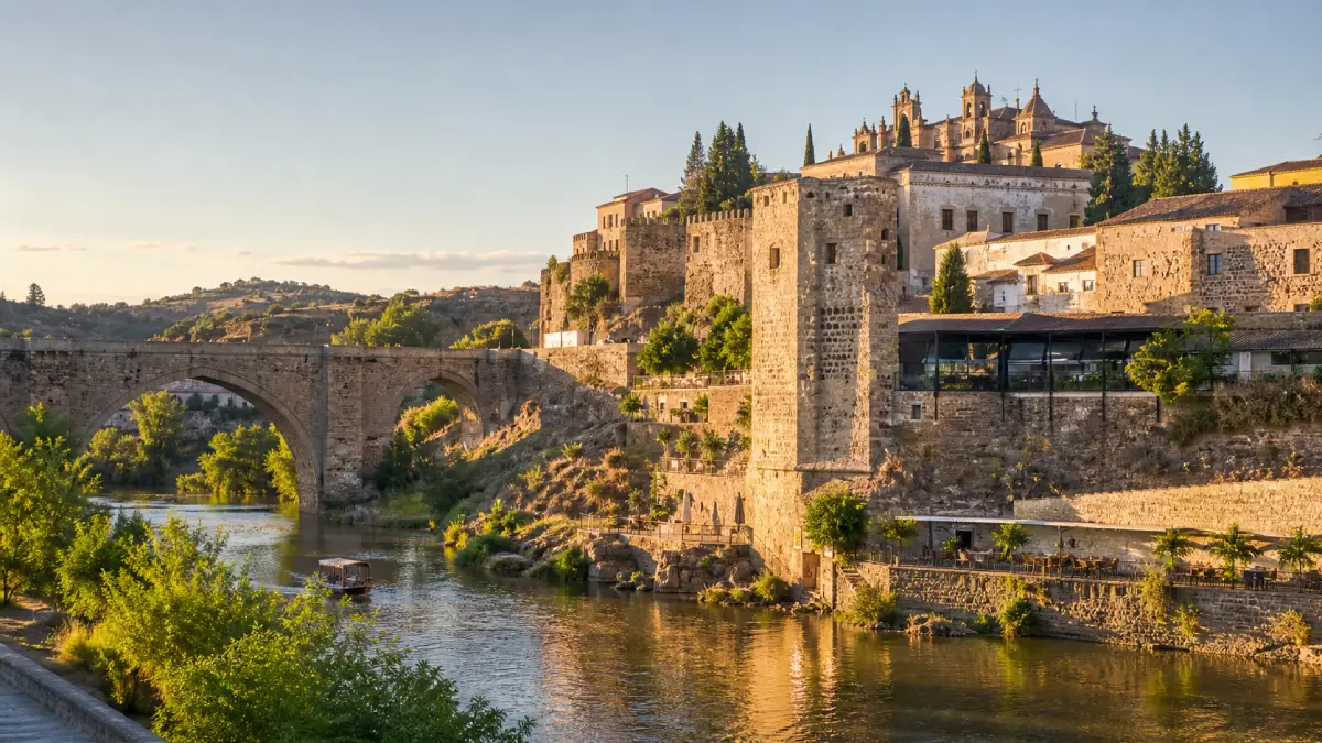 Panorámica editorial de una ciudad histórica extremeña junto a un río