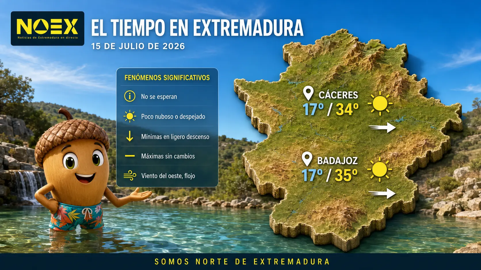 Mapa del tiempo en Extremadura para el 17 de julio de 2026