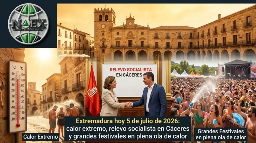 Extremadura hoy 5 de julio de 2026: alerta por 43 grados y relevo socialista en Cáceres