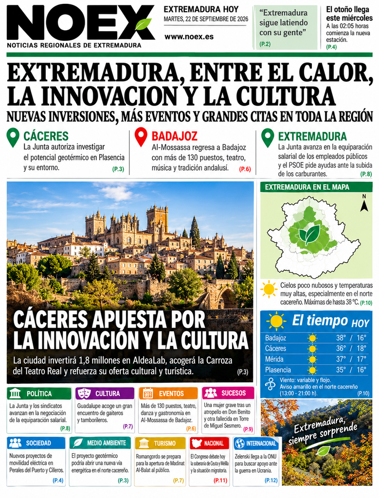 Noticias de Extremadura hoy 22 de septiembre 2026: Talayuela, geotermia y tiempo