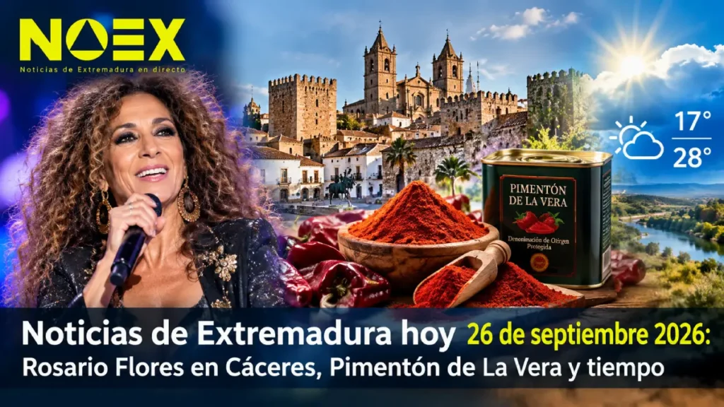 Noticias de Extremadura hoy 26 de septiembre 2026: Rosario Flores en Cáceres, Pimentón de La Vera y tiempo