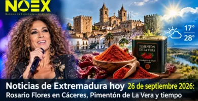 Noticias de Extremadura hoy 26 de septiembre 2026: Rosario Flores en Cáceres, Pimentón de La Vera y tiempo