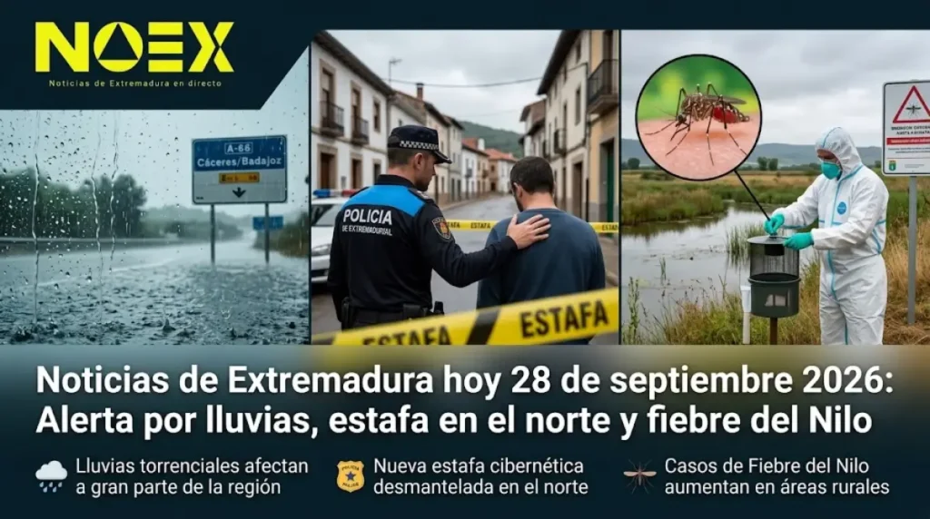 Noticias de Extremadura hoy 28 de septiembre 2026: Alerta por lluvias, estafa en el norte y fiebre del Nilo