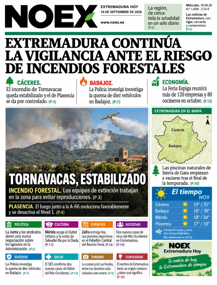 Portada Noticias de Extremadura hoy 16 de septiembre: Fuegos estabilizados, regadío y tiempo