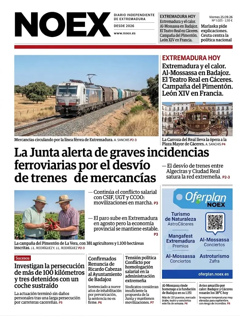 Portada Noticias de Extremadura hoy 25 de septiembre 2026: Calor, Pimentón de La Vera y política