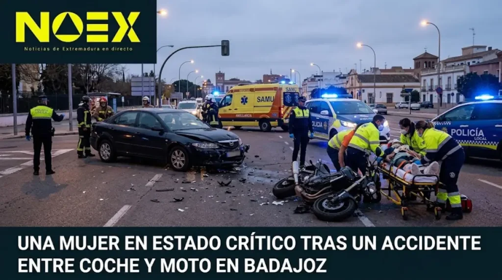 Una mujer de 45 años permanece en estado crítico tras un accidente entre un coche y una moto en Badajoz