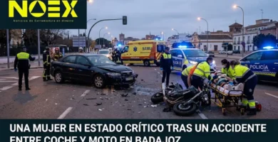Una mujer de 45 años permanece en estado crítico tras un accidente entre un coche y una moto en Badajoz