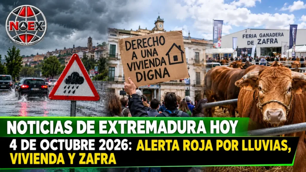 Noticias de Extremadura hoy 4 de octubre 2026: Alerta roja por lluvias, vivienda y Zafra