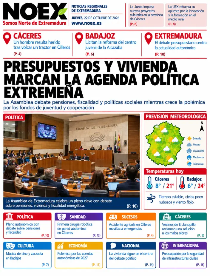 Portada Noticias de Extremadura hoy 22 de octubre 2026