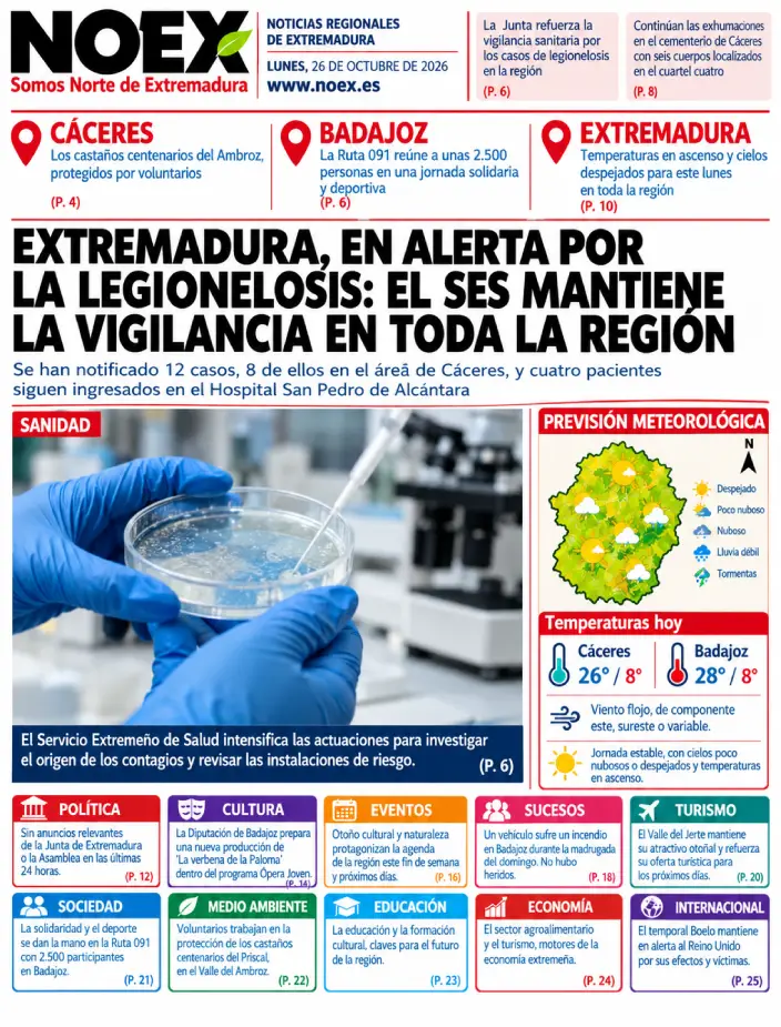 Portada Noticias de Extremadura hoy 26 de octubre 2026