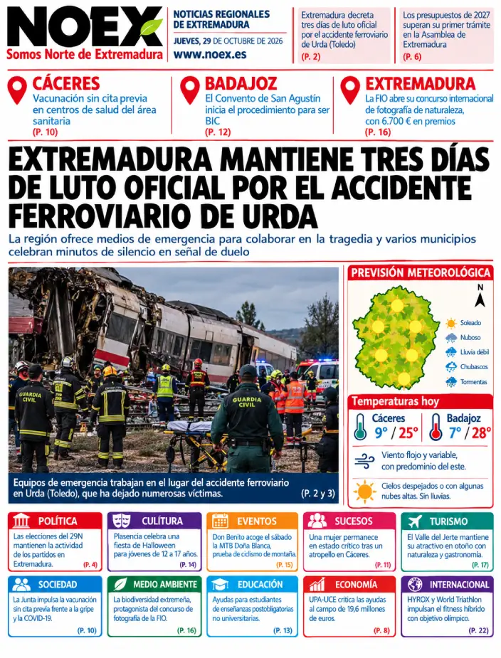 Noticias de Extremadura hoy 29 de octubre 2026: Luto por Urda, Presupuestos y Concurso FIO