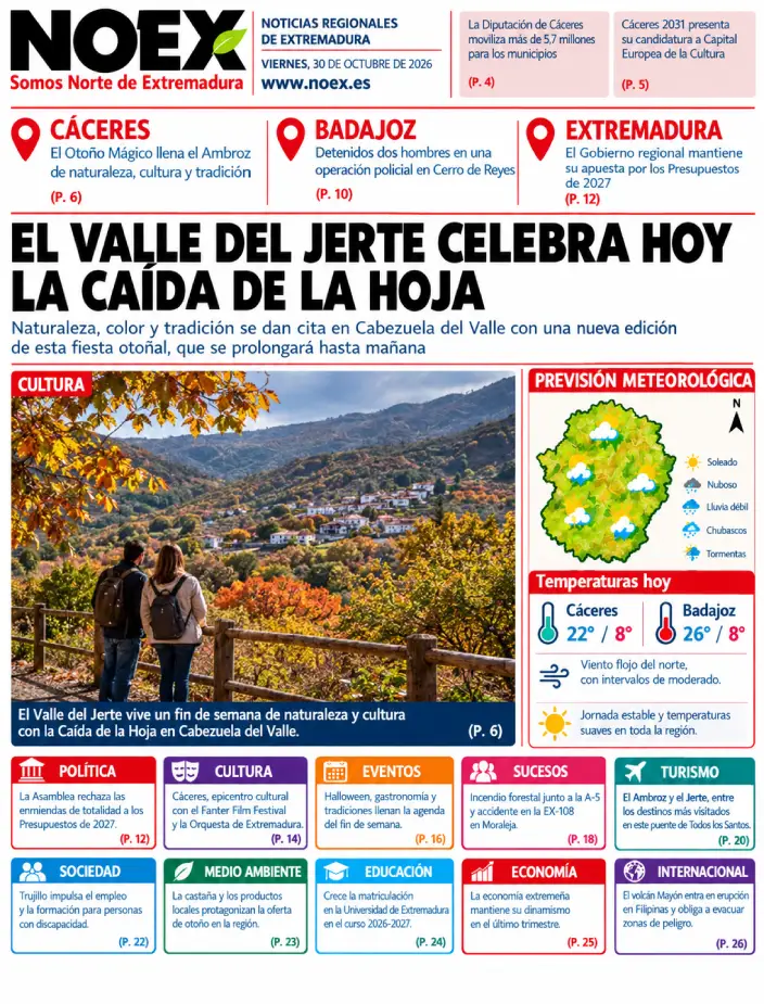 Portada Noticias de Extremadura hoy 30 de octubre 2026