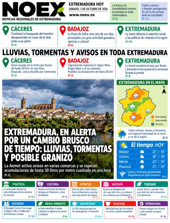 Portada Noticias de Extremadura hoy 3 de octubre 2026