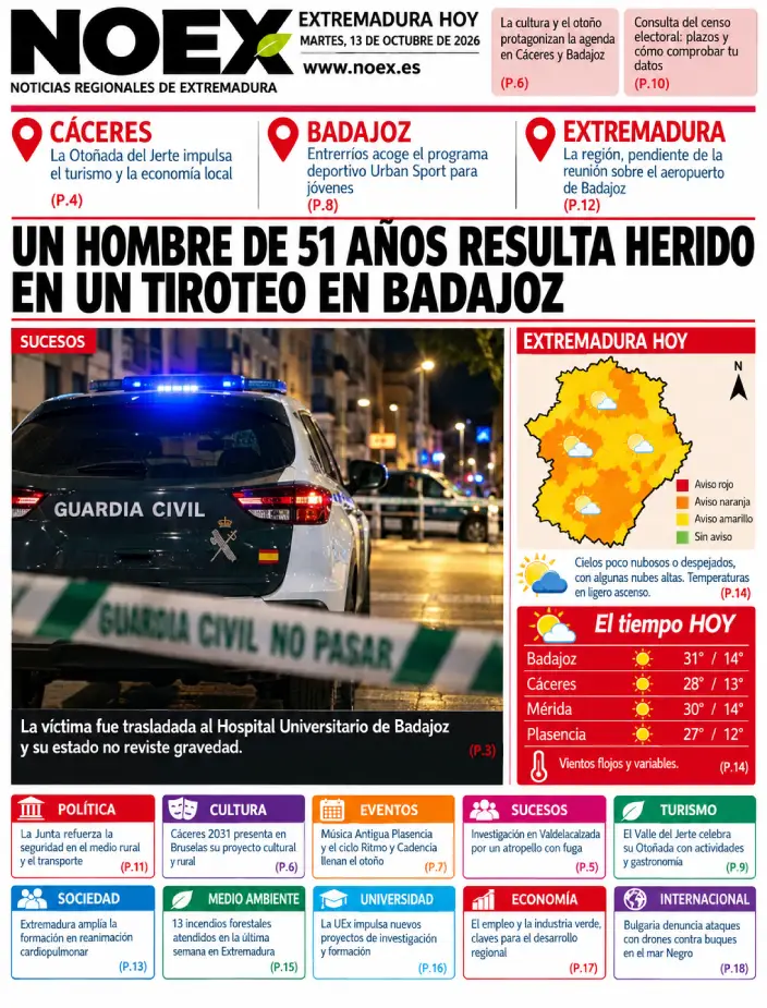 Portada Noticias de Extremadura hoy 13 de octubre 2026