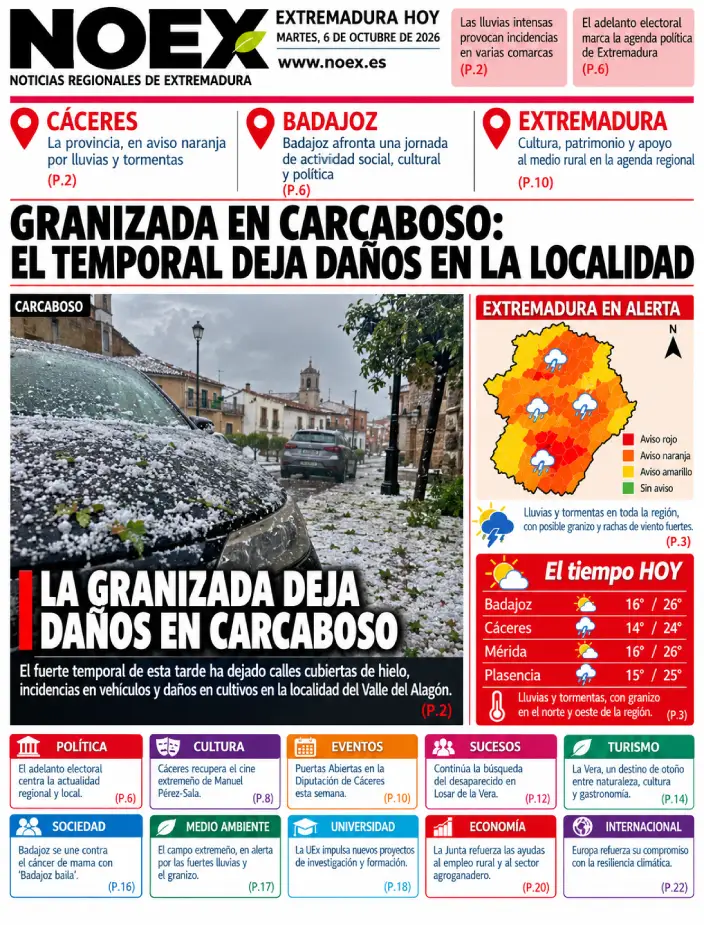Portada Noticias Extremadura hoy 6 octubre