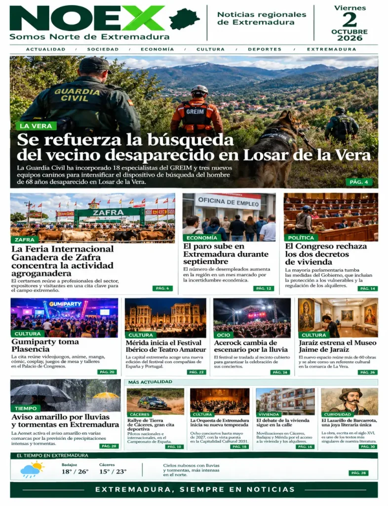 Portada Noticias Extremadura hoy 2 octubre