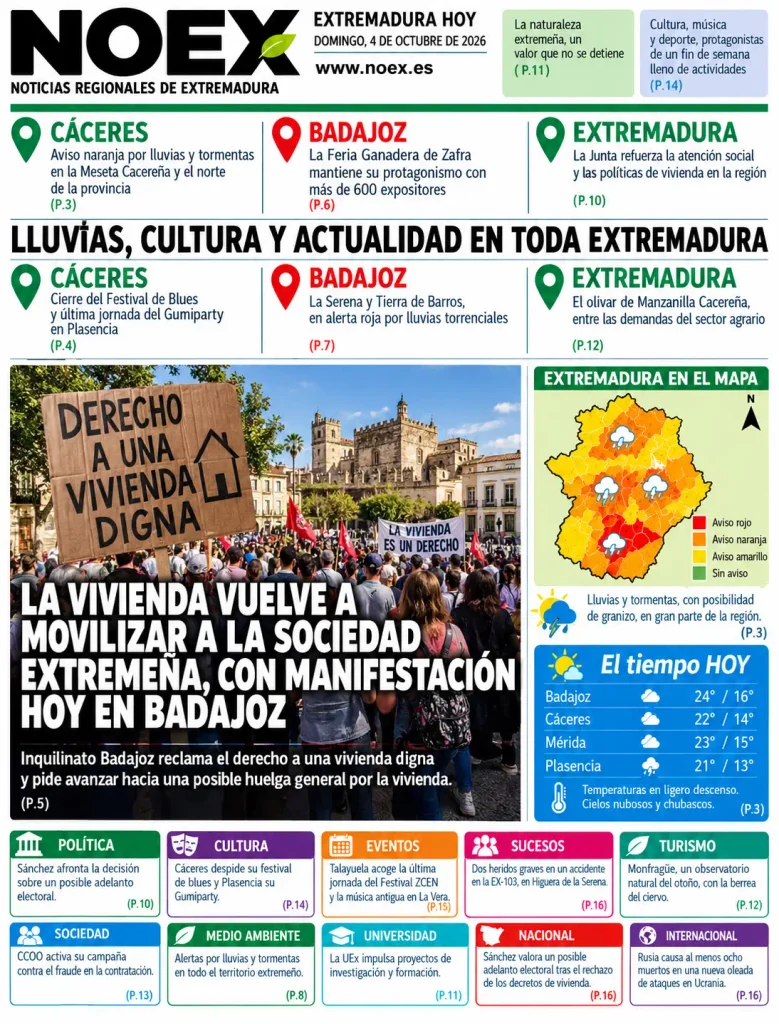 Portada Noticias de Extremadura hoy 4 de octubre