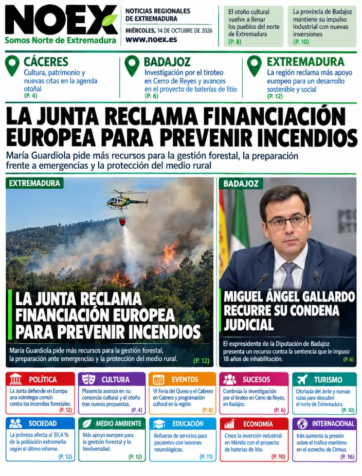 PORTADA: Noticias de Extremadura hoy 14 de octubre 2026