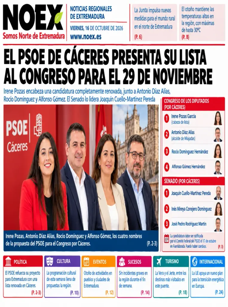 Portada Noticias de Extremadura hoy 16 de octubre 2026